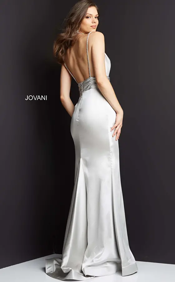 Jovani 3116 Grey Satin Sheath V Neck Prom Dress